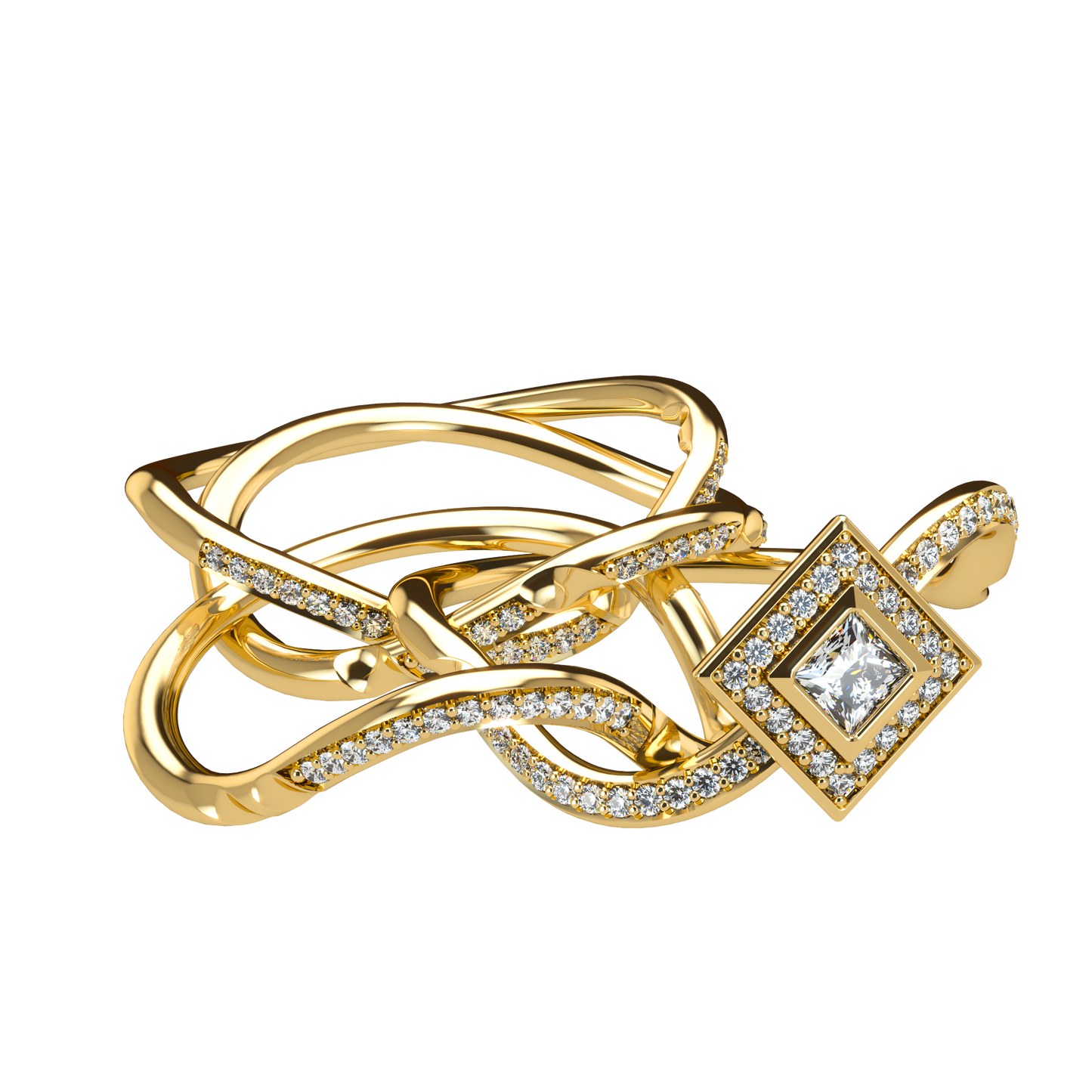 Puzzle ring with diamond pavé and Halo Princess cut diamond - ™ Joaillerie VCL