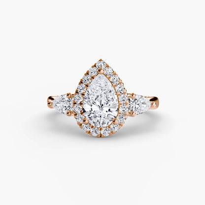 Elysian Three-Stone Ring pear shape diamond with Halo