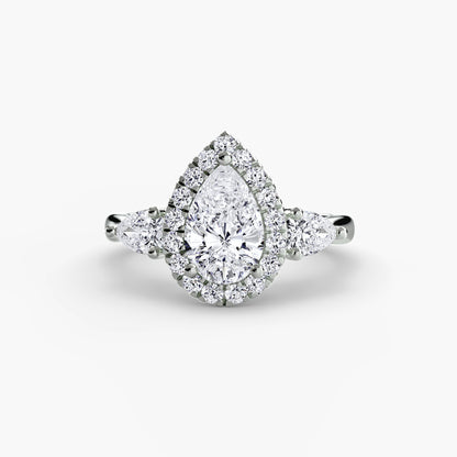 Elysian Three-Stone Ring pear shape diamond with Halo