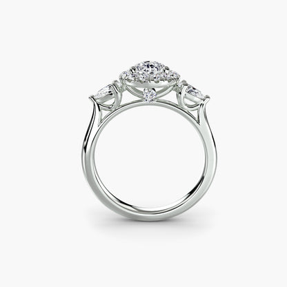 Elysian Three-Stone Ring pear shape diamond with Halo