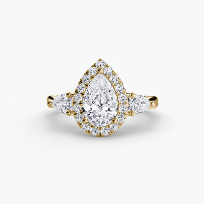 Elysian Three-Stone Ring pear shape diamond with Halo