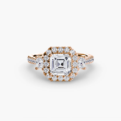 Glamour Three-Stone Diamong Ring with Halo