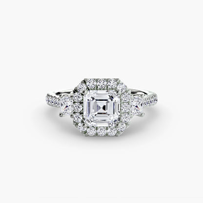 Glamour Three-Stone Diamong Ring with Halo