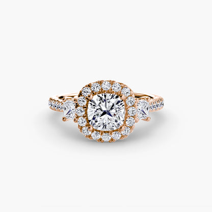 Glamour Three-Stone Diamong Ring with Halo