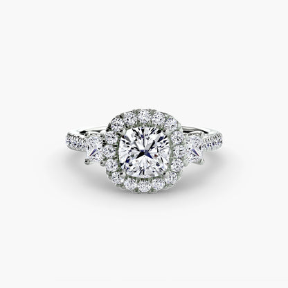 Glamour Three-Stone Diamong Ring with Halo