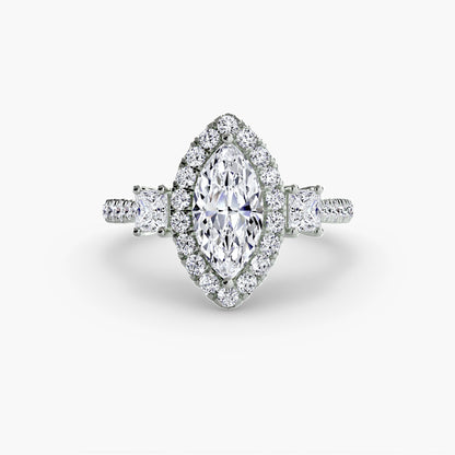 Glamour Three-Stone Diamong Ring with Halo
