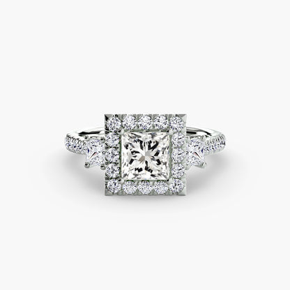 Glamour Three-Stone Diamong Ring with Halo