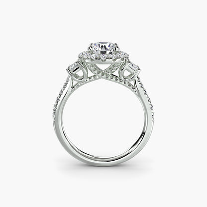Glamour Three-Stone Diamong Ring with Halo