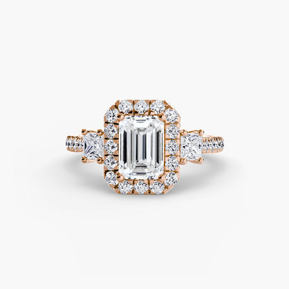 Glamour Three-Stone Diamong Ring with Halo
