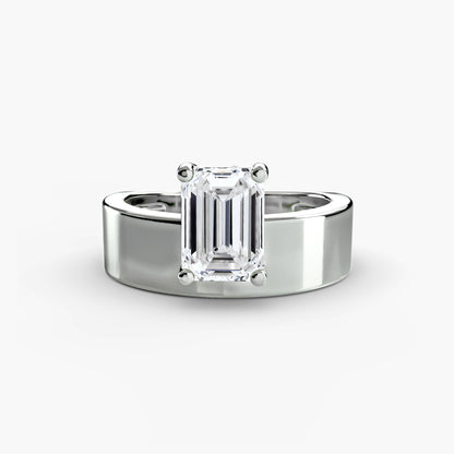 Wide Band Solitaire with emerald cut diamond