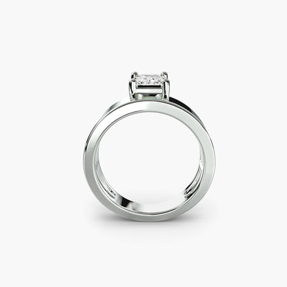 Wide Band Solitaire with emerald cut diamond