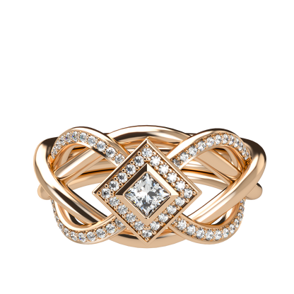 Puzzle ring with half diamond pavé and princess cut diamond halo setting - ™ Joaillerie VCL