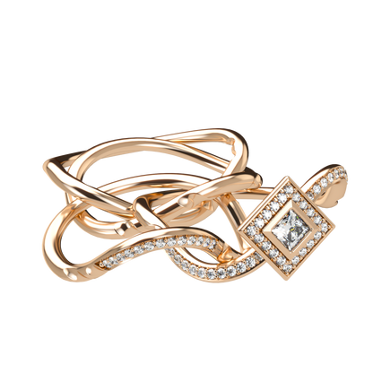 Puzzle ring with half diamond pavé and princess cut diamond halo setting - ™ Joaillerie VCL