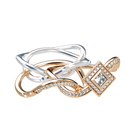 Puzzle ring with half diamond pavé and princess cut diamond halo setting - ™ Joaillerie VCL