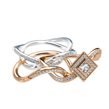 Puzzle ring with diamond pavé and Halo Princess cut diamond - ™ Joaillerie VCL