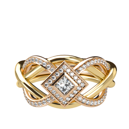 Puzzle ring with half diamond pavé and princess cut diamond halo setting - ™ Joaillerie VCL