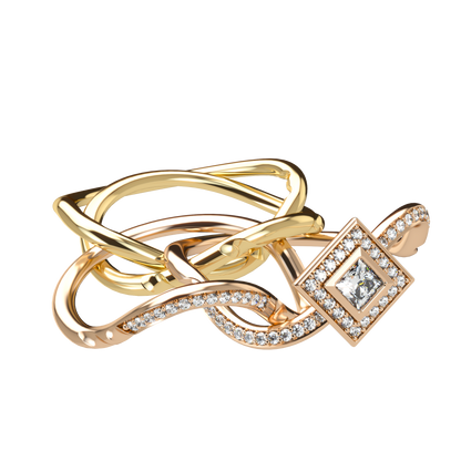 Puzzle ring with half diamond pavé and princess cut diamond halo setting - ™ Joaillerie VCL