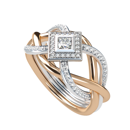 Puzzle ring with half diamond pavé and princess cut diamond halo setting - ™ Joaillerie VCL