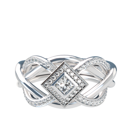 Puzzle ring with half diamond pavé and princess cut diamond halo setting - ™ Joaillerie VCL