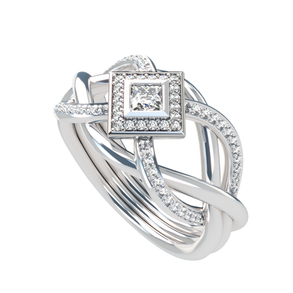 Puzzle ring with half diamond pavé and princess cut diamond halo setting - ™ Joaillerie VCL