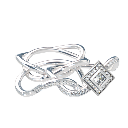Puzzle ring with half diamond pavé and princess cut diamond halo setting - ™ Joaillerie VCL