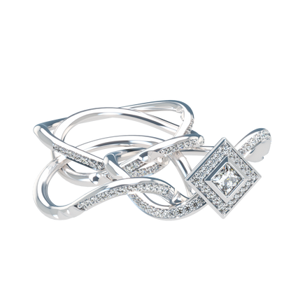 Puzzle ring with diamond pavé and Halo Princess cut diamond - ™ Joaillerie VCL