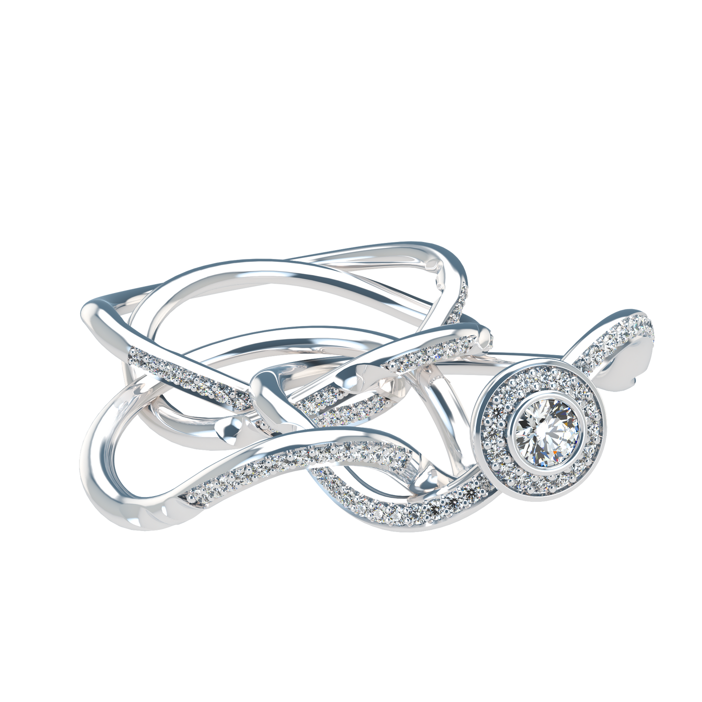 Puzzle ring with full diamond pavé with diamond halo - ™ Joaillerie VCL