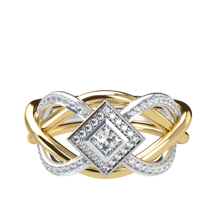 Puzzle ring with half diamond pavé and princess cut diamond halo setting - ™ Joaillerie VCL
