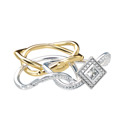 Puzzle ring with half diamond pavé and princess cut diamond halo setting - ™ Joaillerie VCL