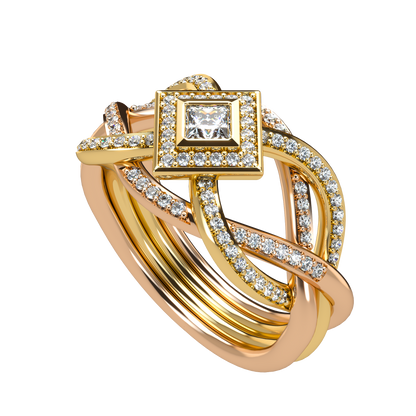 Puzzle ring with diamond pavé and Halo Princess cut diamond - ™ Joaillerie VCL