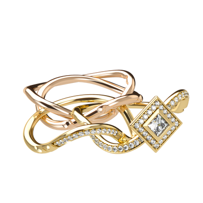 Puzzle ring with half diamond pavé and princess cut diamond halo setting - ™ Joaillerie VCL