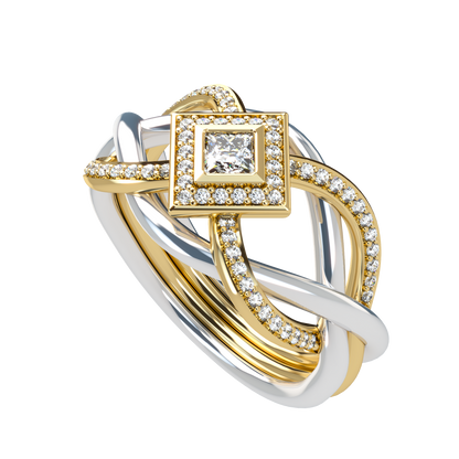 Puzzle ring with half diamond pavé and princess cut diamond halo setting - ™ Joaillerie VCL
