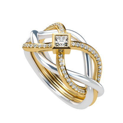 Puzzle ring with Half diamond Pavé and Princess cut diamond Bezel - ™ Joaillerie VCL