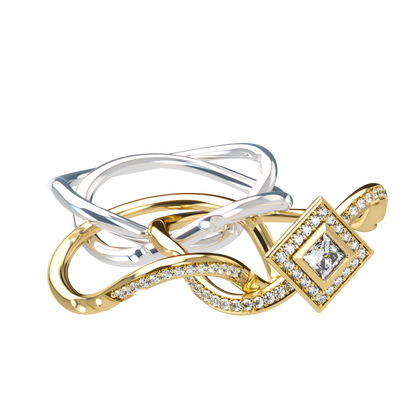 Puzzle ring with half diamond pavé and princess cut diamond halo setting - ™ Joaillerie VCL