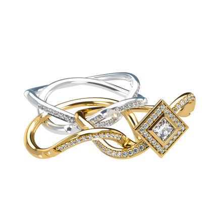 Puzzle ring with diamond pavé and Halo Princess cut diamond - ™ Joaillerie VCL