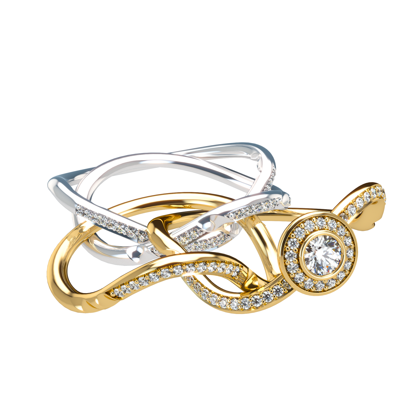 Puzzle ring with full diamond pavé with diamond halo - ™ Joaillerie VCL