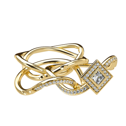 Puzzle ring with half diamond pavé and princess cut diamond halo setting - ™ Joaillerie VCL